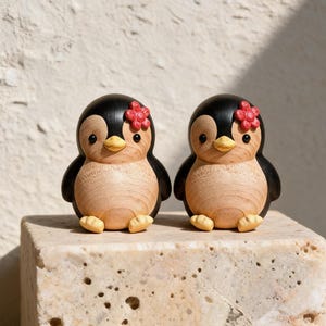 Op de afbeelding: Twee kleine pinguïnbeeldjes van hout, met lichamen van zwart en natuurlijk lichtbruin hout, gele snavels en voeten, en een kleine rode bloem aan de zijkant van elk hoofd. De pinguïns hebben ronde lichamen en zwarte ogen.