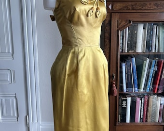 Vintage  1950s 60s Marigold Yellow Satin Wiggle Dress & Bolero Set Cocktail Formal Party XS