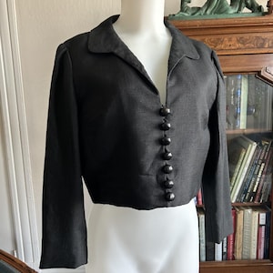 Vintage 1950s 60s Adele Simpson - Cropped Black Button Lined Jacket Small/med
