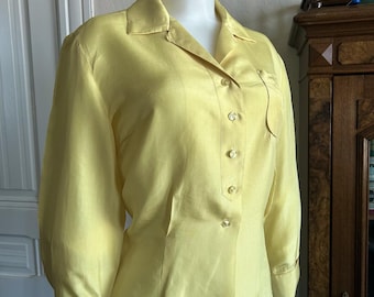 Vintage 40s 1950s Shirt Chartreuse Yellow Citrine 100% Silk Western Button Up Shirt S/M-pristine