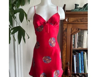 Vintage 90s Red 100% Silk Slip Dress Chinese Medallion Bias Cut Mini Small vtg