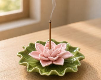 Porta incenso a forma di loto rosa, bruciatore di incenso in ceramica a forma di fiore, piattino zen a forma di foglia, decorazione per la meditazione.