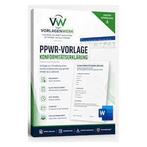 Könnte beinhalten: Eine digitale Vorlage für eine PPWR-Konformitätserklärung mit dem Vorlagenwerk-Logo, deutschem Text und einem Microsoft Word-Symbol. Das Dokument enthält Abschnitte für Herstellerangaben, Verpackungsinformationen und eine formelle Erklärung.