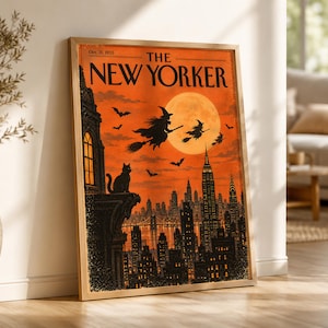 Pode incluir: Uma impressão emoldurada de uma capa da revista The New Yorker datada de 31 de outubro de 1955. A ilustração apresenta um gato preto num balcão com vista para um horizonte urbano escuro sob uma grande lua laranja, com silhuetas de bruxas e morcegos.