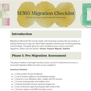 Może przedstawiać: Dokument zatytułowany M365 Migration Checklist z podtytułem A step-by-step guide to a smooth Microsoft 365 migration. Zawiera wstęp, sekcję Phase 1 Pre-Migration Assessment oraz listę kontrolną inwentaryzacji z punktami.