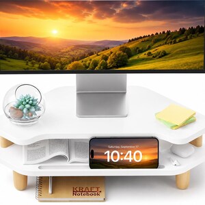 2 Tier Corner Monitor Stand Riser, White Wood Desk Organizer Shelf