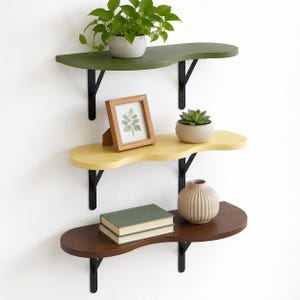 May include: Three wall-mounted shelves with wavy edges, each supported by two black metal brackets. The top shelf is olive green, the middle is pale yellow, and the bottom is dark brown. They hold a potted plant, a picture frame, a succulent, a vase, and books.