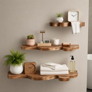 Set of 3 Cloud Live Edge Cedar Floating Shelves, Farmhouse Wall Decor, 3 Wooden Shelves