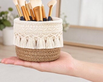 Macrame Makeup Brush Holder Set: Boho Woven Basket Organizer, Vanity Storage, Pen Holder