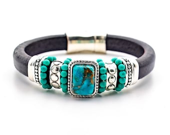 Turquoise Bracelet|Turquoise Jewelry|Gemstone|Jewelry|Rare Stone|Leather Bracelet|Leather Bangle|Boho|turquoise jewelry
