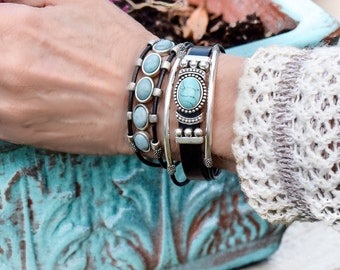 Kingman Turquoise Bracelet|Bridesmade Gift|Leather Bangle Bracelet|Boho Jewelry|Gemstone Bracelet|Turquoise Cuff|Gift Jewelry|Valentine's