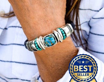 Kingman Turquoise Leather Bracelet, Silver Plated Beads, Magnetic Clasp