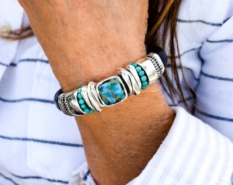 Kingman Turquoise Leather Bracelet|Turquoise Jewelry|Festival jewelry|Genuine turquoise|Spanish leather|Regaliz leather|Gift|Best Seller