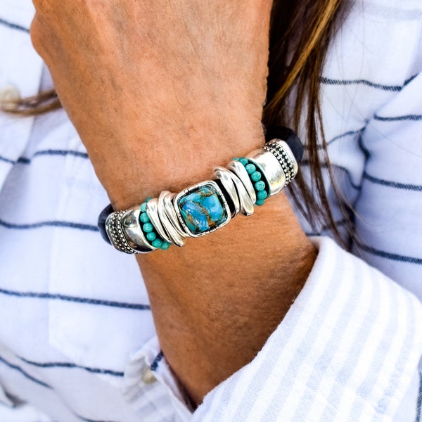 Kingman Turquoise Leather Bracelet|Turquoise Jewelry|Festival jewelry|Genuine turquoise|Spanish leather|Regaliz leather|Gift|Best Seller