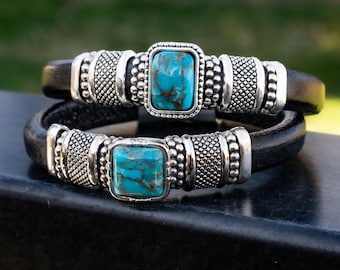 Turquoise jewelry|jewelry for men|bracelet for woman|silver beaded bracelet|Kingman turquoise|Leather bracelet|Braided leather