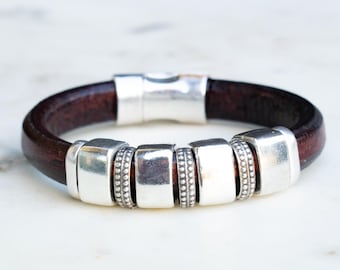 Silver Beaded Brown Leather Bracelet - Handmade Jewelry – Magnetic Clasp