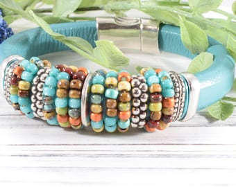 Beaded Leather Bracelet|Stacking Bangle|Beaded Cuff Bracelet|Gemstone Bracelet|Anniversay Gift|Southwest Style Leather|Ocean Colors Bracelet