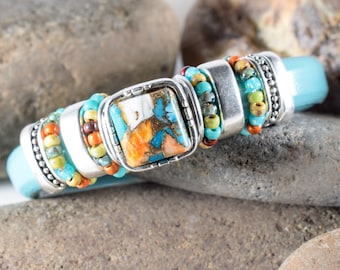 Spiny Oyster and Turquoise|Unique Leather Bracelet|Turquoise Jewelry|Boho|Gift Jewelry|Brown Leather Bracelet|Turquoise Bracelet