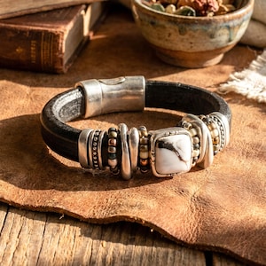 White Buffalo Turquoise Leather Bracelet | Gemstone Boho Bracelet