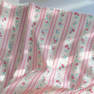 Tiny Pink Red Flower Pink Stripes Cotton Fabric For Girls Dolls- 1/2 Yard