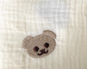 Embroidered Bear & Rabbit Double Gauze Cotton Fabric - Baby Clothes (1/2 Yard)