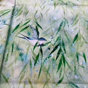 Watercolor Willow & Swallow Birds Cotton Fabric
