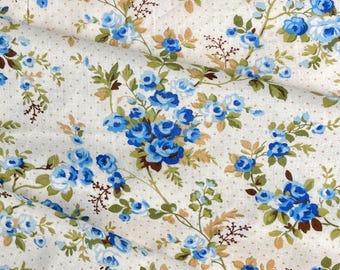 Tela de algodón vintage con rosas azules y lunares diminutos, estilo shabby chic, 1/2 yarda
