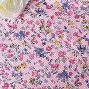 Allover Pink Strips Rosy Blue Yellow Flower Floral Cotton Fabric - 1/2 Yard