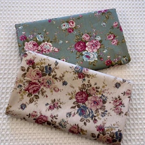 Vintage Rose Cotton Fabric With Shabby Chic Pink Rose Flower On Cream Green Cotton 1/2 yard image 1