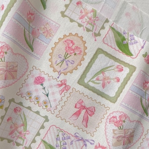 Tessuto di cotone a quadri con motivo floreale a patchwork con fiocco rosa e tulipano per abito patchwork - 1/2 iarda