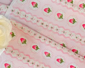 Strawberry Flower Cotton Fabric - Pink Stripes Print, Sewing Craft