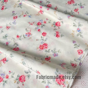 Roses Floral Cotton Fabric, Little Pink Red Rose Flowers On Off White Yellow Cotton- 1/2 yard