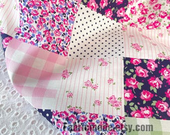 Shabby Chic Pink Rose Floral Plaid Cotton Fabric Patchwork Style  - 1/2 Yard