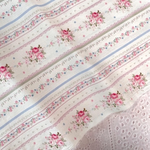 Thin Little Pink Rose Flower Stripes Cotton For Girls Dolls - 1/2 Yard