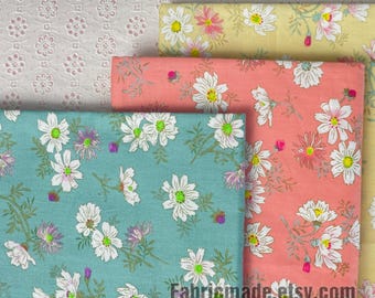 Daisy Floral Cotton Fabric – Light Blue, Pink, Yellow, Sewing Quilting