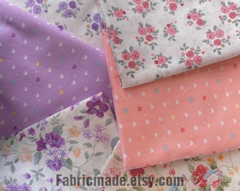 Shabby Chic Floral Cotton Fabric - Purple, Orange Flowers & Hearts