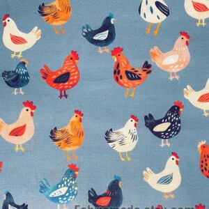 May include: A blue fabric featuring a repeating pattern of chickens in various colors including orange, white, black, and red. The chickens are depicted in profile, facing different directions, with simple line details. The text Fabricmade.etsy.com is visible.