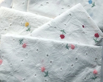 Flower Embroidery Cotton Fabric, White Cotton Tiny Floral Lace Fabric For Dress Curtain - One yard