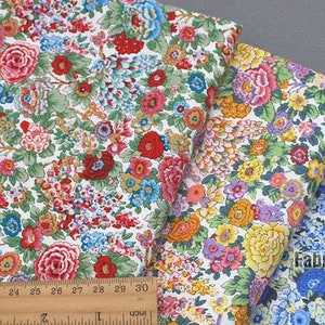 Shabby Flower Cotton Fabric, Bright Peony Floral In Yellow Blue Red - 1/2 Yard