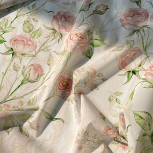 Pink Rose On Ivory Cotton Fabric- Fabric By The Yard