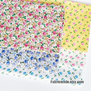 Light Rose Floral Cotton Fabric, Pink Roses On White Yellow Flower Cotton Fabric- 1/2 yard