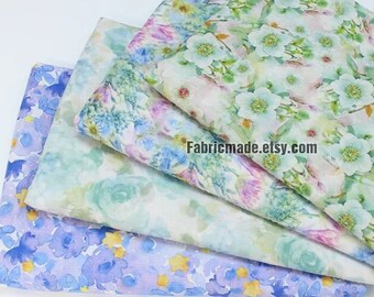 Tecido de algodão e viscose com estampa floral aquarela em tons de verde, lilás e roxo pastel - 1/2 jarda
