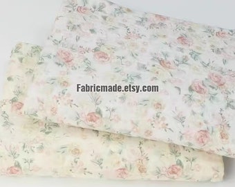 Pastel Rose Floral Double Gauze Cotton Fabric Pink Roses Crinkled Gauze For Dress Pajamas - 1/2 Yard