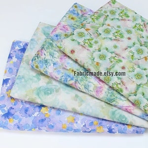 Watercolor Floral  Green Lilac Purple Pastel Floral Print Cotton Rayon Blend Fabric- 1/2 yard