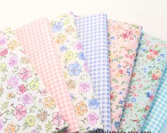 Little Pastel Flower Cotton Fabric Pink Blue Floral Gingham Fabric Cotton- 1/2 yard
