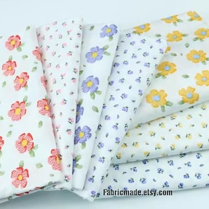 Red Yellow Blue Pink Flower Cotton Fabric - 1/2 Yard