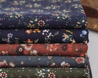 One Yard- Vintage Style Flower Linen Fabric Dark Red Navy Blue Black Floral Linen Blend