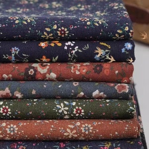 One Yard- Vintage Style Flower Linen Fabric Dark Red Navy Blue Black Floral Linen Blend