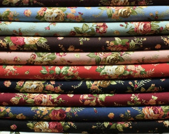 Floral Linen Cotton Blend Fabric, Vintage Rose Flower Linen Fabric for Dress Bag Craft  - 1/2 yard