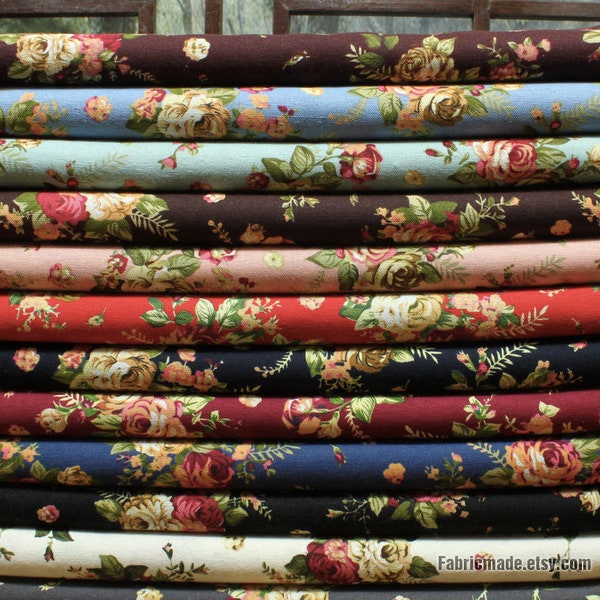 Floral Linen Cotton Blend Fabric, Vintage Rose Flower Linen Fabric for Dress Bag Craft  - 1/2 yard